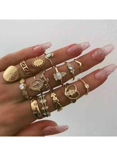 15 Piece Multi Design Gold Plated Ring Set Gender: Women