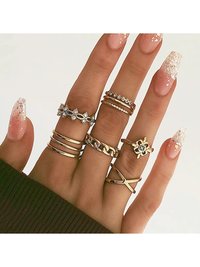 8 Piece White Crystal Gold Plated Ring Set - Alloy, Elegant White Crystals, Lightweight Design | Smooth Edges, High Shine, Unique Patterns, Versatile for All Occasions
