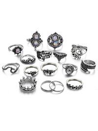 Silver Plated 14 Piece Multi Designs Ring Set