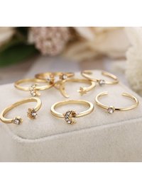Gold Plated 7 Piece Moon Star Ring Set