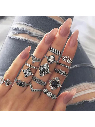 Silver Plated 15 Piece Multi Designs Ring Set