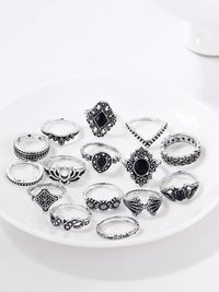 Silver Plated 15 Piece Multi Designs Ring Set