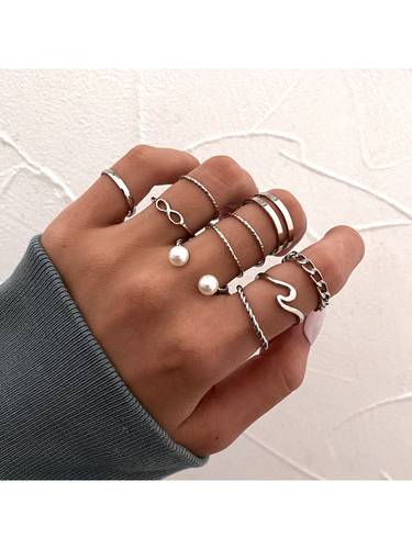 Silver Plated 10 Piece Infnity Chain Ring Set