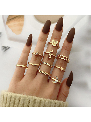 Gold Plated 10 Piece Multi Design Ring Set