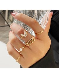 Gold Plated 5 Piece Pearl Butterfly Ring Set