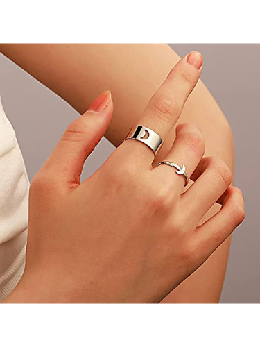 Trendy Silver Half Moon Couple Ring Matching Wrap Finger Ring