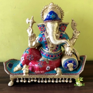 Sitting Lord Ganesha Brass Made Turquoise Work Statue