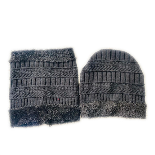 Woolen Cap with Neck Muffler - Wool Blend Material Adult Size Light Black Color | Customized Design Plain Pattern for Stylish Warmth