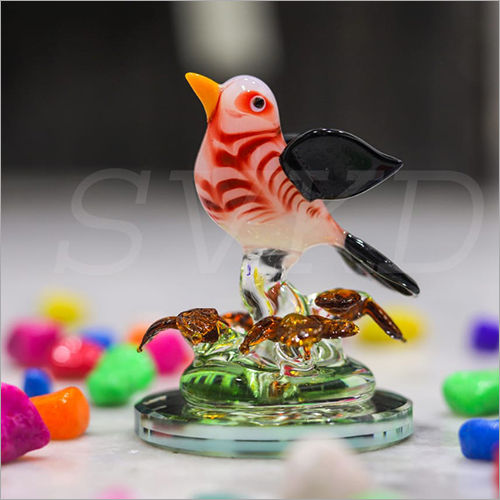 Multicolour Svkd Glass Bird With Leaf