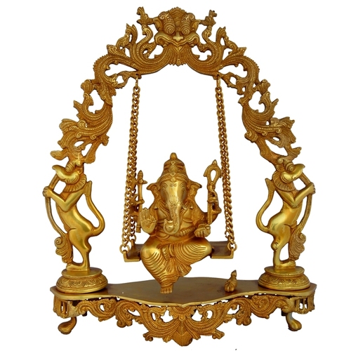 Aakrati Ganesh Sitting On Carved Swing Having Yali Face Brass Statue Yellow