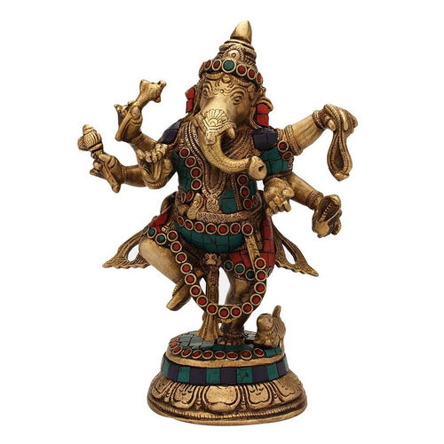 Metal Dancing Lord Ganesha Statue In Turquoise Coral Work