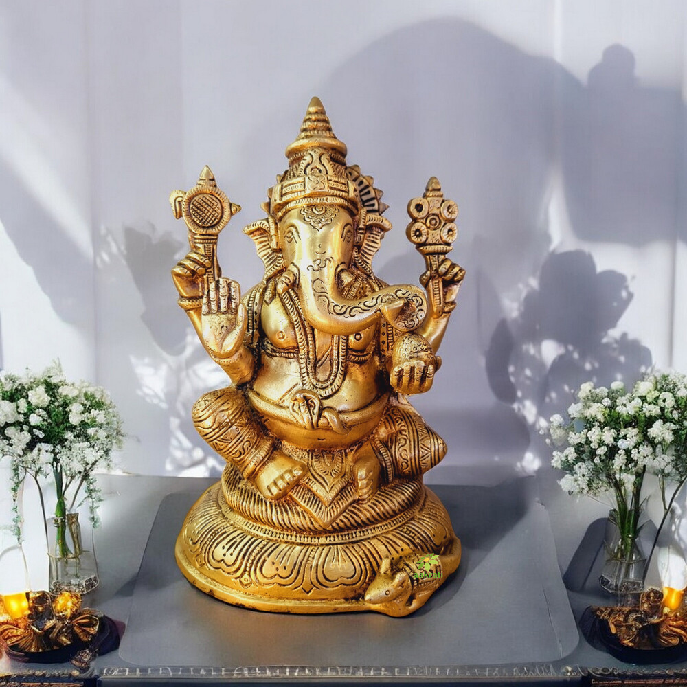 Aakrati Lord Ganesha Brass Blessing Religious Statue for Prosperity Yellow