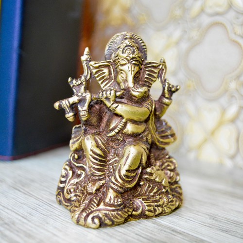 Aakrati Brown Finish Small Ganesha with flute for Showpiece and gift