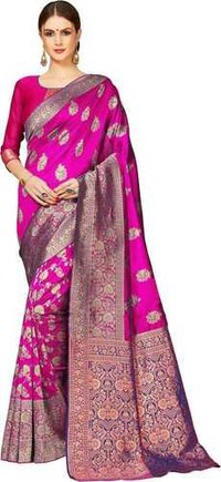 Ladies Banarasi Saree - Printed Cotton Blend | Customized Size, Traditional Ethnic Design, Washable For All Season Wear