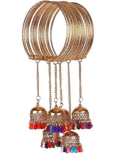 Golden Bangle Bracelet with Multicolor Bead with Hanging Jhumki