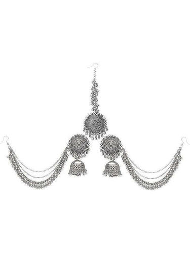 Stylish Silver Bahubali Jhumka Earrings With Maang Tikka Set Gender: Women