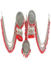Pendientes con estilo de Bahubali Jhumka de los granos de la plata y del rojo con el sistema de Maang Tikka