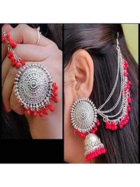 Stylish Silver and Red Beads Bahubali Jhumka Earrings With Maang Tikka Set
