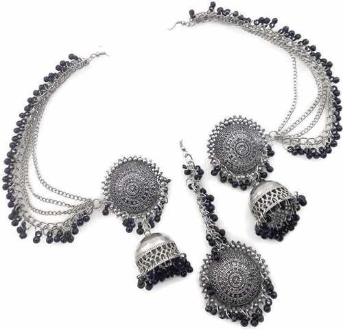 Traditional Antique Silver Black Beats Bahubali Long Chain Jhumka Earrings With Mang Tikka Gender: Women