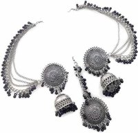 Traditional Antique Silver Black Beats Bahubali Long Chain Jhumka Earrings With Mang Tikka