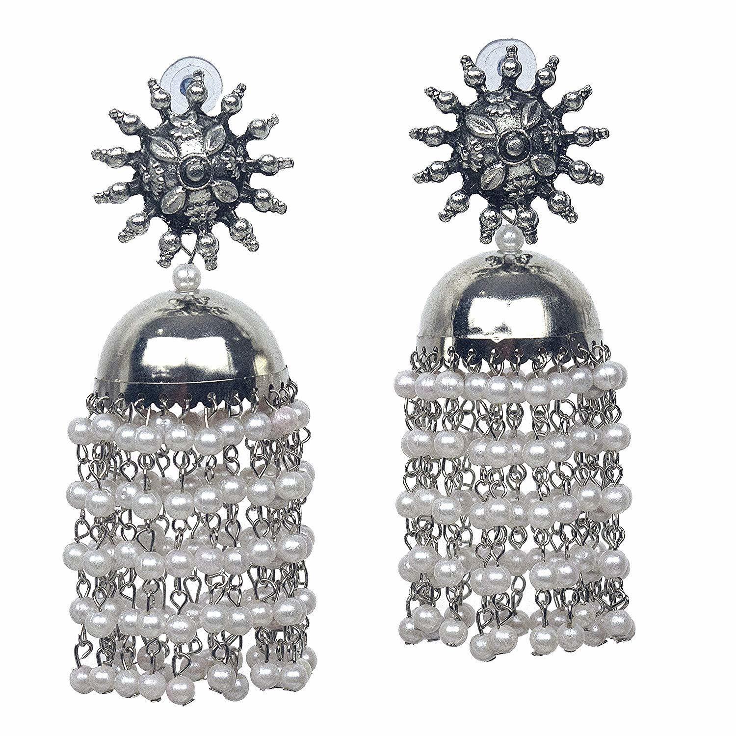 Chandelier Earring Silver Pearls and Beads Chain Fringe Ethnic Jhumki Earring