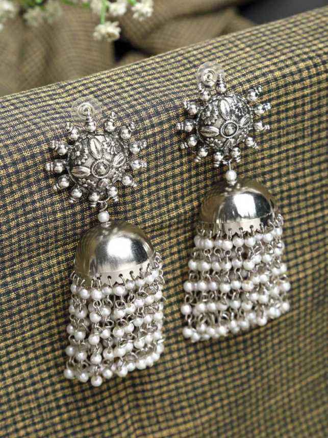 Chandelier Earring Silver Pearls and Beads Chain Fringe Ethnic Jhumki Earring