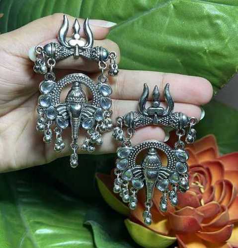 Lord Ganesha Silver Metal Trishul Motif Stud Earrings