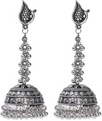 Oxidised Peacock Design Black Silver Metal Jhumka Earrings