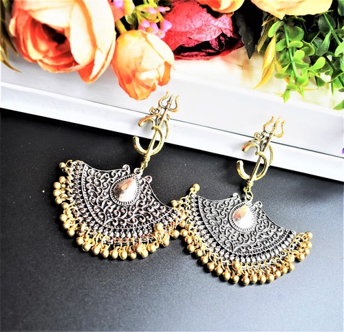 Black and Gold Oxidised Om Trishul Earrings With Drop Beads