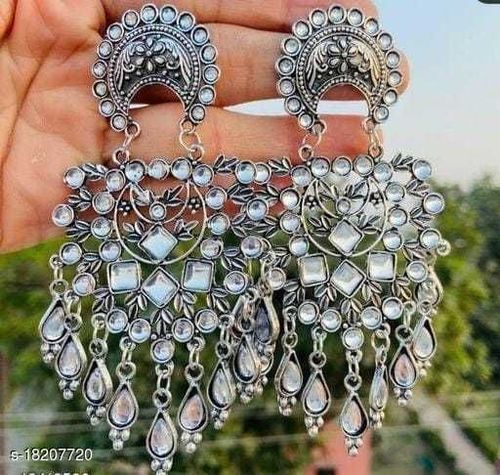 Traditional Silver Oxidised Antique Stylish Designer Big Dangle Kundan Beads Drop Earrings