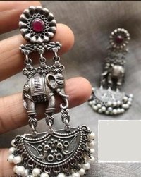 Oxidised Silver Antique Elephant Dangle Earrings Set