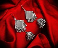 Elegant Square Mirror Silver Plated With Beads Medium Jhumki Earrings - Alloy, One Size, 20 Grams | Handcrafted Designer Jewelry, Lightweight Comfort