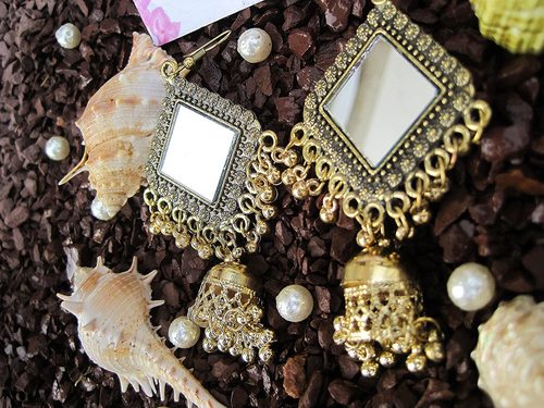 Elegant Square Mirror Golden Plated With Beads Medium Hand Crafted Designer Jhumki Earrings