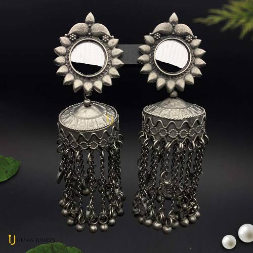 Traditional Oxidized Black Silver Big Mirror Chandelier  Silver Earrings Gender: Women