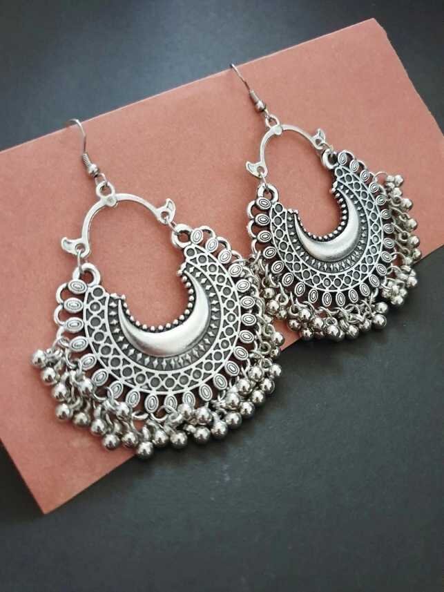 Designer Silver Half Moon Chandbali Jhumki Earrings Girls and Women