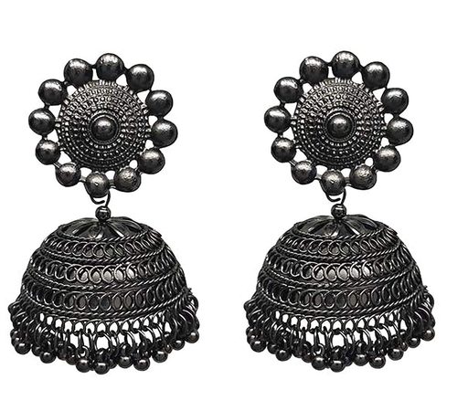 Traditional Black Silver Toned Dome Shaped Metal Jhumki Earring