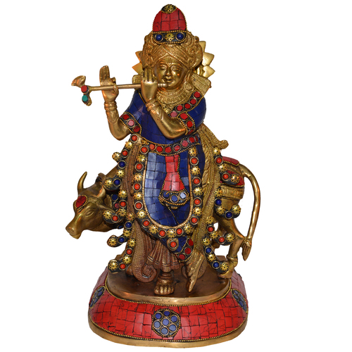 Lord Krishna with a Cow and His Flute in turquoise work Brass Sculpture By Aakrati Brassware