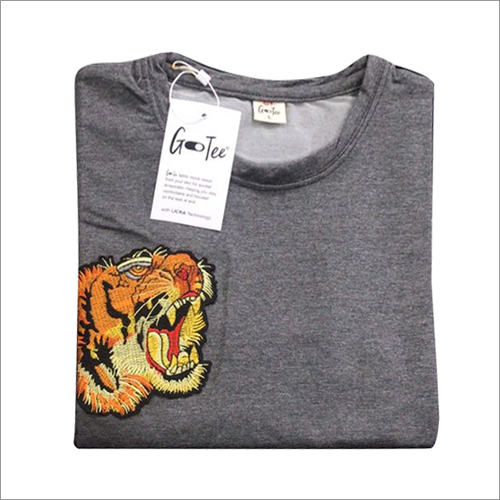 Mens Grey Terry Cotton Lycra Tiger Patch T Shirt