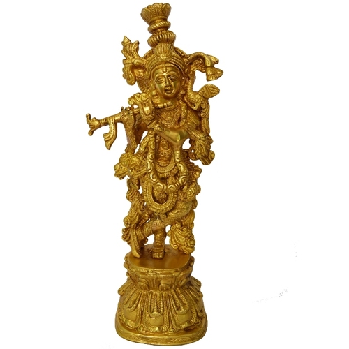 Aakrati Krishna Religious Metal Sculpture Yellow Finish Hindu Religious Lord Statue in Brass Metal Unique for Temple Worship and Decoration Figure
