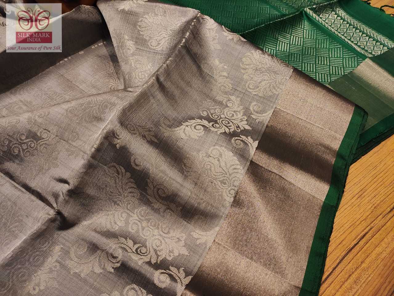 kanjivaram silk saree grey with green