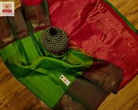 pure kanjivaram soft silk saree green with pink and green