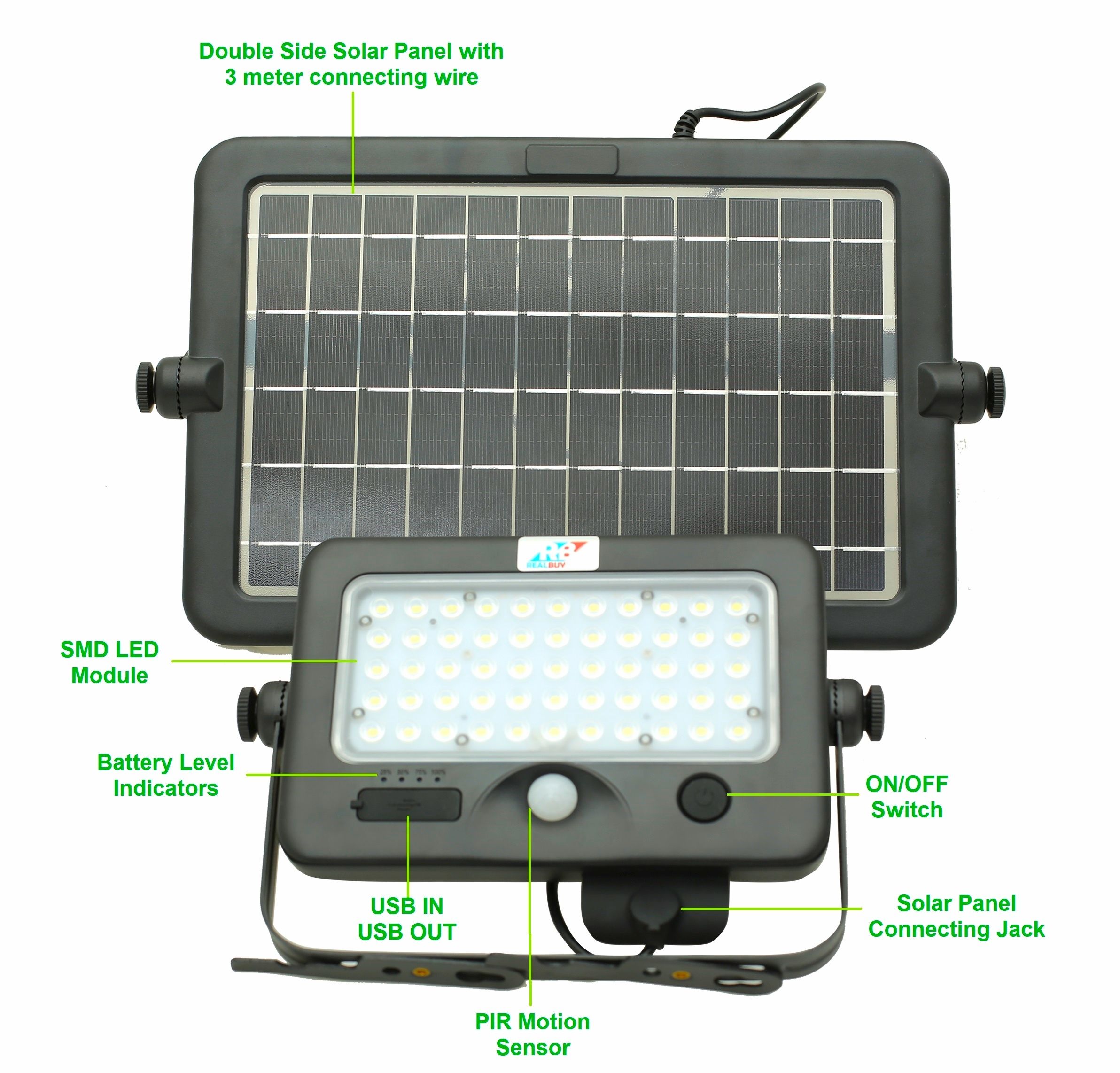 Realbuy Multifunctional Rechargeable Solar Led Flood Light 20w With Pir Motion Sensor