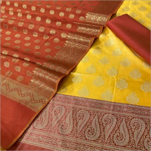 Multicolor Banarasi Zari Weaved Cotton Suit Dress Material