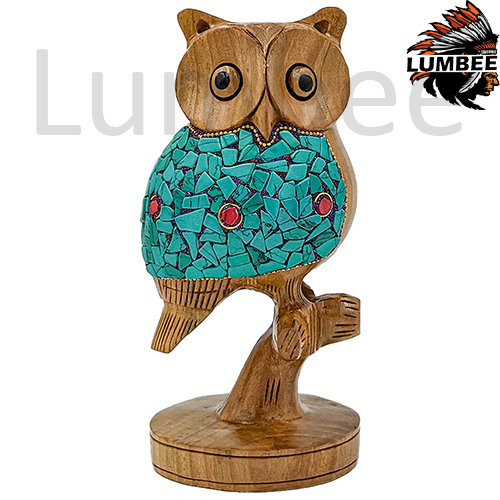 Blue Handcrafted Beautiful Wooden Big Stone Owl Statue