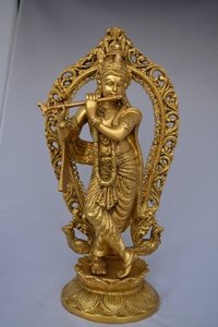 Metal Krishna Murti With Flute Of Brass Artware For Temple And Home Decoration