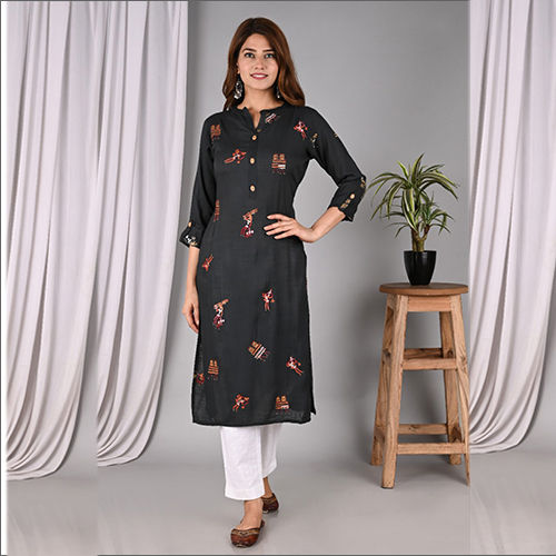 Black Rayon Slub Kurti With Hand Work