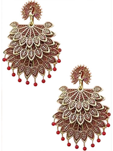 Vembley Traditional Stylish Golden Maroon Pearls Drop Peacock Shaped Dangler Earrings Gender: Women