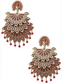 Vembley Traditional Stylish Golden Maroon Pearls Drop Peacock Shaped Dangler Earrings