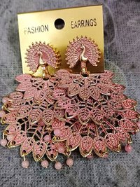 Vembley Embellished Golden Light Pink Pearls Drop Peacock Shaped Dangler Earrings