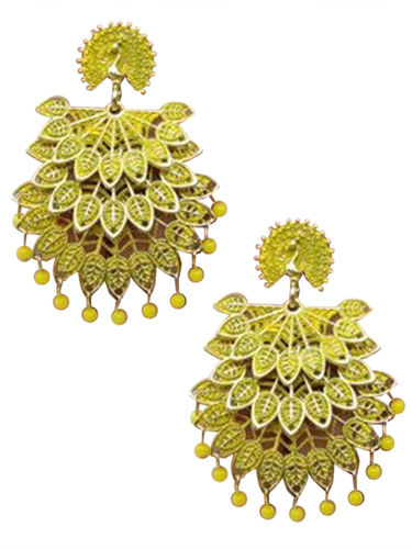 Vembley Designer Yellow Pearl Drop Peacock Shaped Dangler Drop Earrings Gender: Women